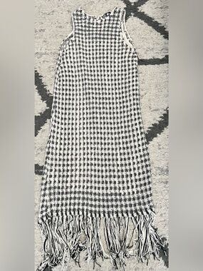 Mango Black and White Woven Fringe Midi Dress